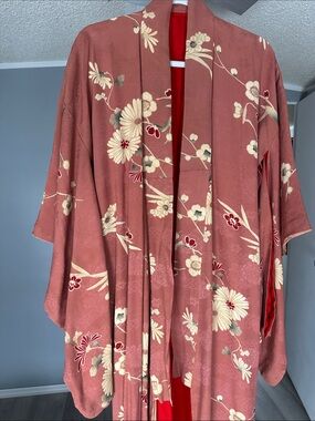 Vintage 50s Floral dusty rose Silk Kimono Robe